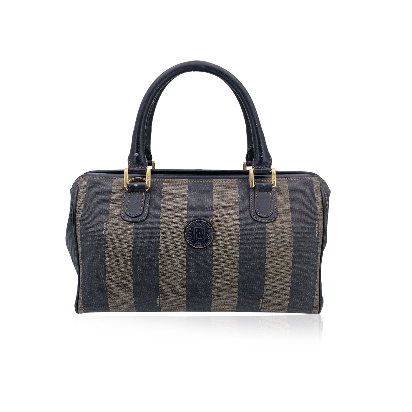 Fendi Vintage Pequin Striped Canvas Small Boston Bag Black