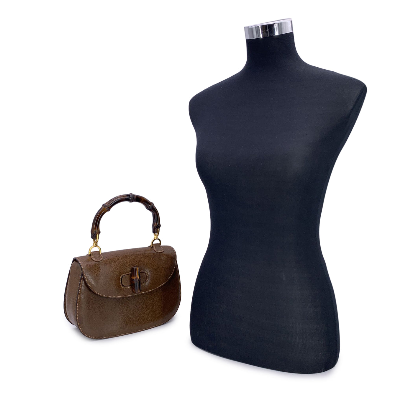 Gucci Rare Vintage Brown Leather Bamboo Top Handle Bag Handbag