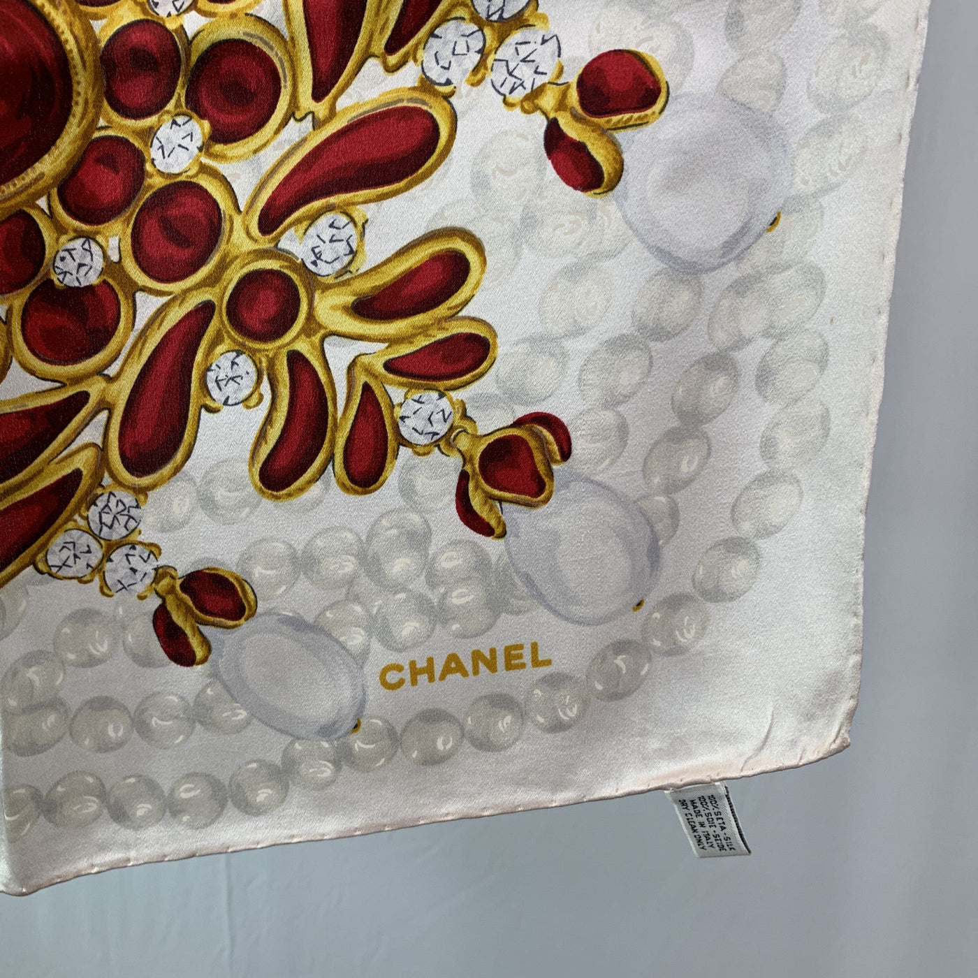 Chanel Vintage Beige Silk Scarf Gripoix Bijoux Jewels Print