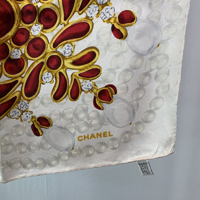 Chanel Vintage Beige Silk Scarf Gripoix Bijoux Jewels Print