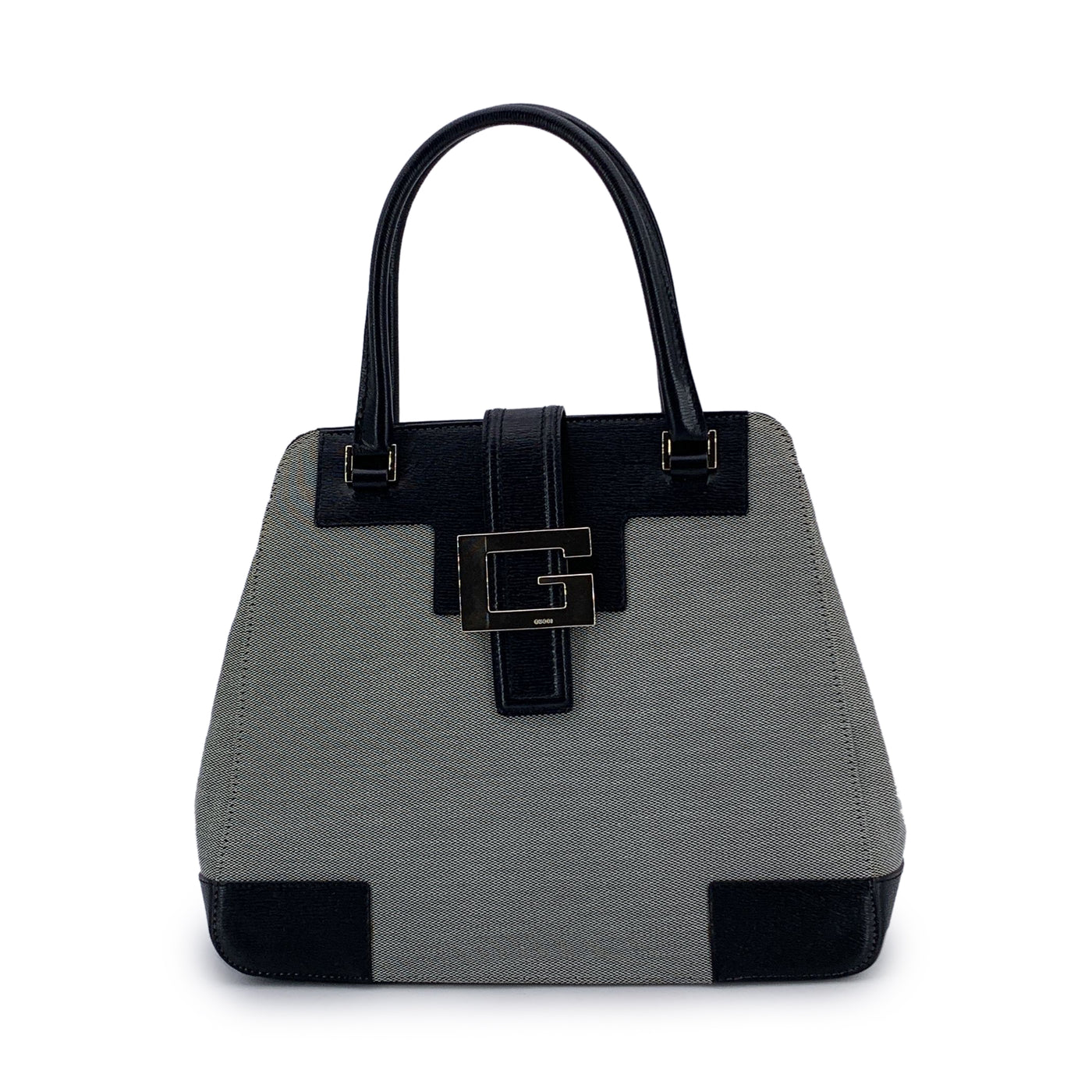 Gucci Grey Canvas Black leather Satchel Bag Handbag Tote