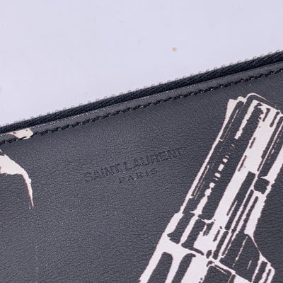 Saint Laurent Black Pop Print Leather Zip Clutch Bag Purse