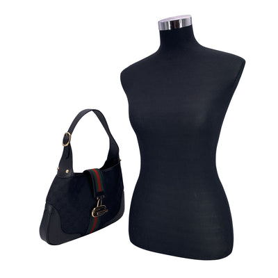 Gucci Black Monogram Canvas Leather Web Hobo Shoulder Bag