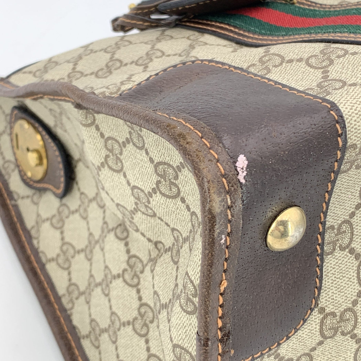 Gucci Vintage Brown Monogram Canvas Satchel Bag with Stripes