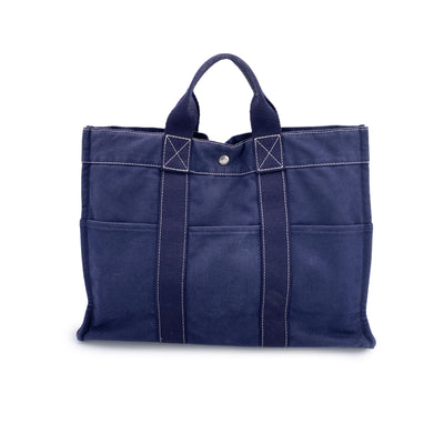 Hermes Paris Vintage Blue Canvas Cotton Fourre Tout MM Bag Tote