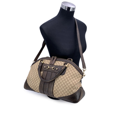 Gucci Beige Brown Diamante Canvas Horsebit Catherine Satchel Bag