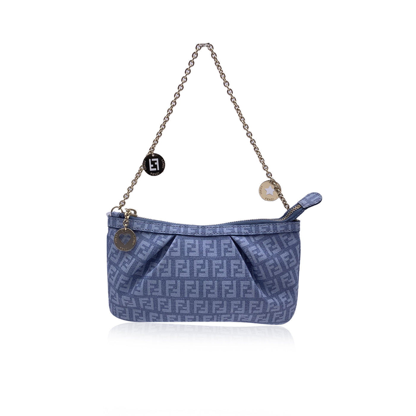 Fendi Light Blue Zucchino Monogram Canvas Pochette Charm Small Bag