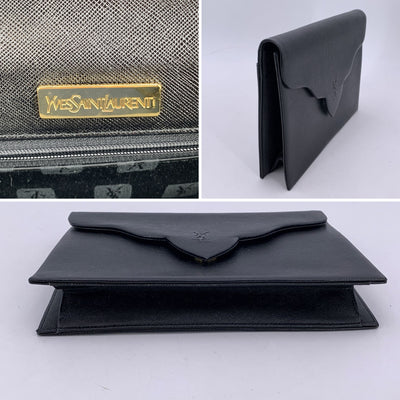 Yves Saint Laurent Vintage Black Leather YSL Logo Flap Clutch Purse