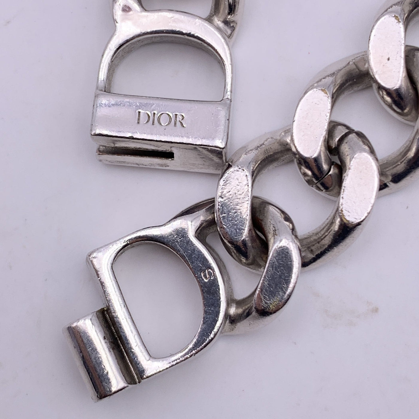 Christian Dior Silver Metal Cuban Chain Link CD Logo Bracelet