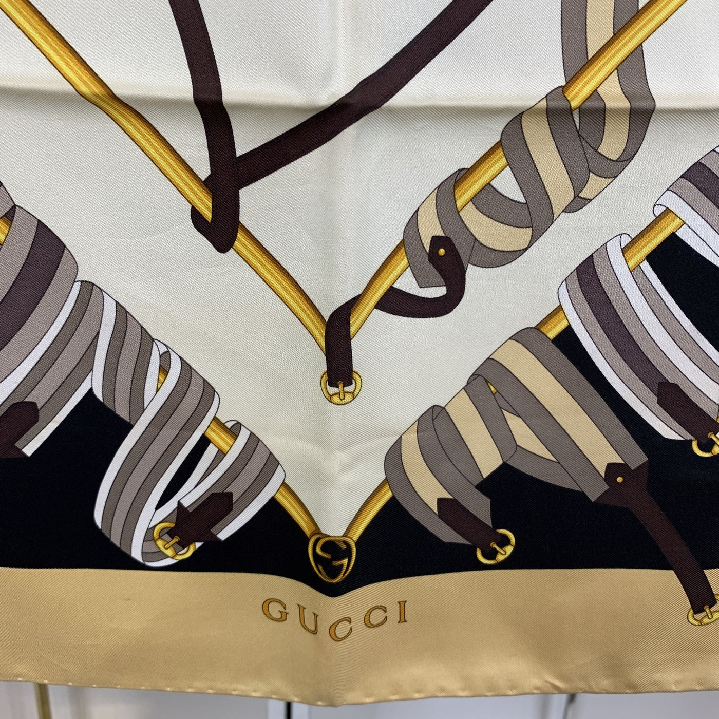 Gucci Vintage Beige Brown Black Silk Buckles and Belts Silk Scarf