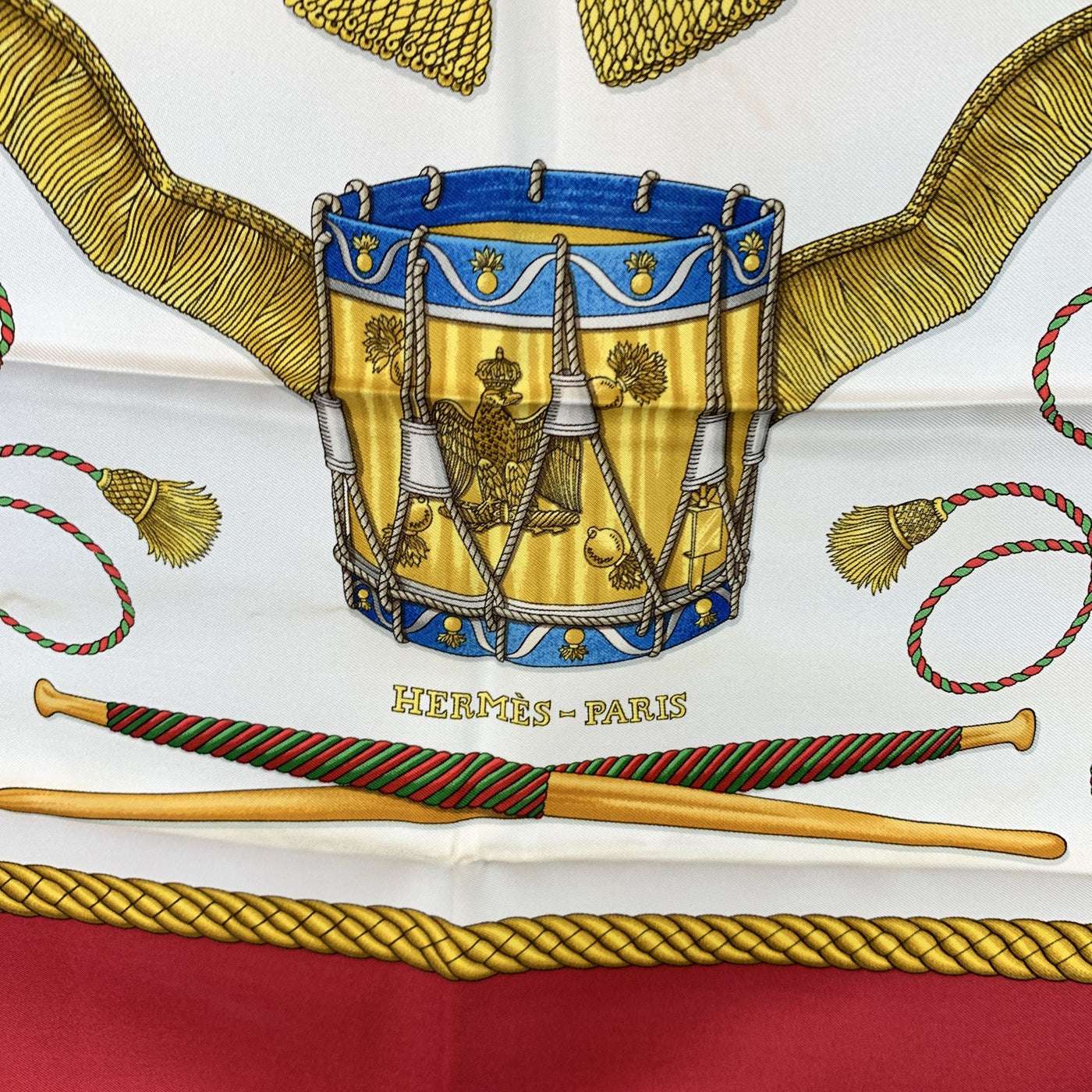Hermes Vintage Silk Scarf Les Tambours 1989 Joachim Metz Red