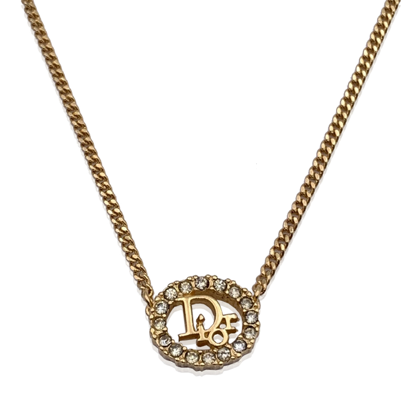 Christian Dior Gold Metal Dior Oval Logo Crystal Rhinestones Necklace