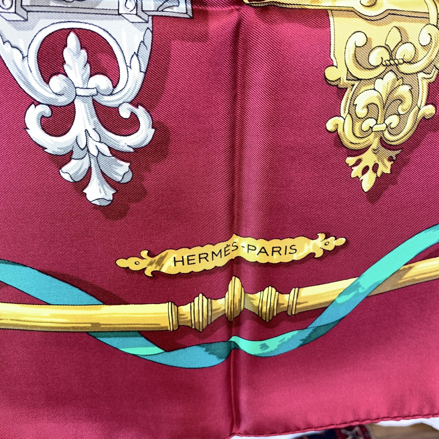 Hermes Paris Vintage Burgundy Silk Scarf Ferronnerie 1970 Cathy Latham