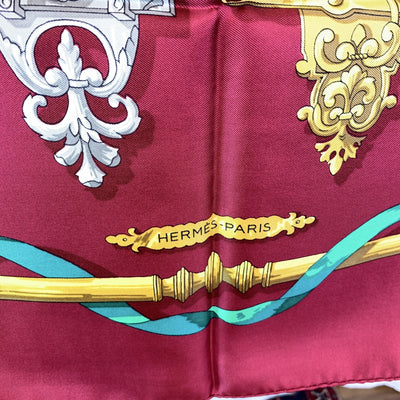 Hermes Paris Vintage Burgundy Silk Scarf Ferronnerie 1970 Cathy Latham