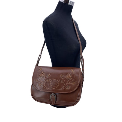 Gucci Vintage Brown Leather Intarsia Flower Flap Shoulder Bag
