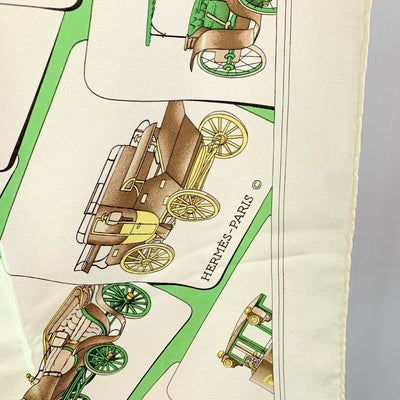 Hermes Vintage White Green Silk Scarf Carrosserie1975 Ledoux