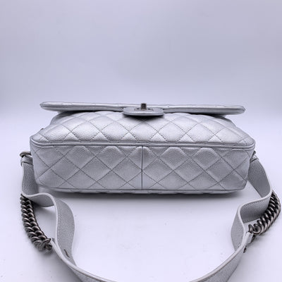 Chanel 2016 Silver Quilted Leather Airline Easy Flap Shoulder Bag