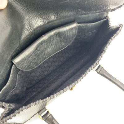 Gucci Black Leather Hook Closure Whipstitched Satchel Handbag
