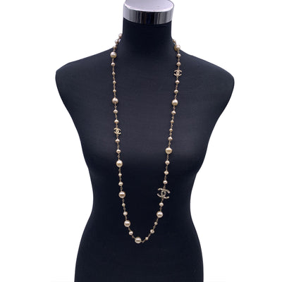 Chanel Light Gold Metal Long Necklace CC Logo Baroque Pearls Beads