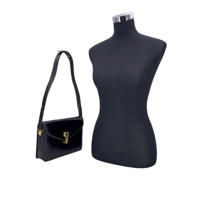 Gucci Vintage Black Leather Box Shoulder Bag with Lapis Closure