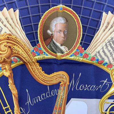 Hermes Vintage Blue Silk Scarf Hommage a Mozart 1991 Julie Abadie