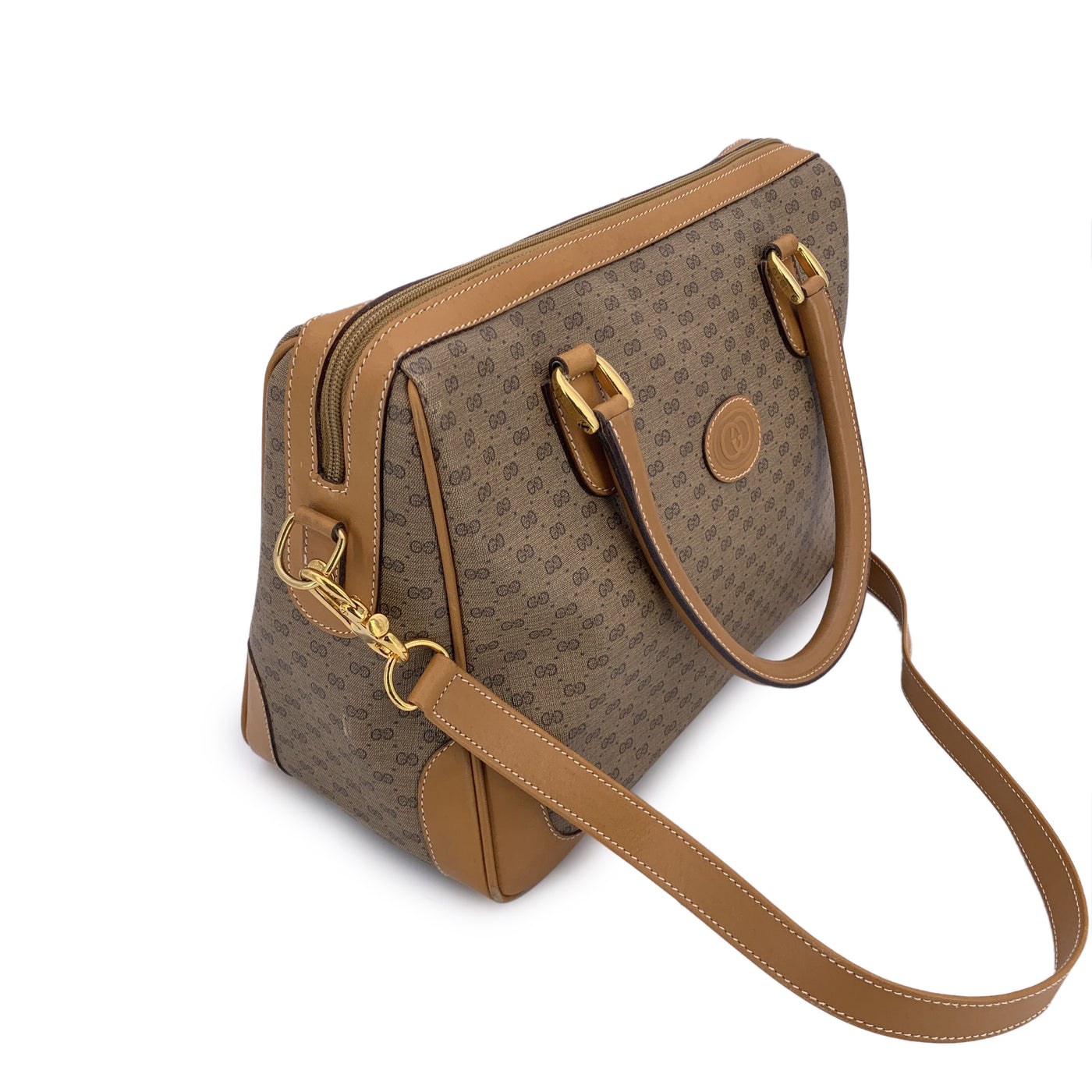 Gucci Vintage Beige Monogram Canvas Satchel Handbag with Strap