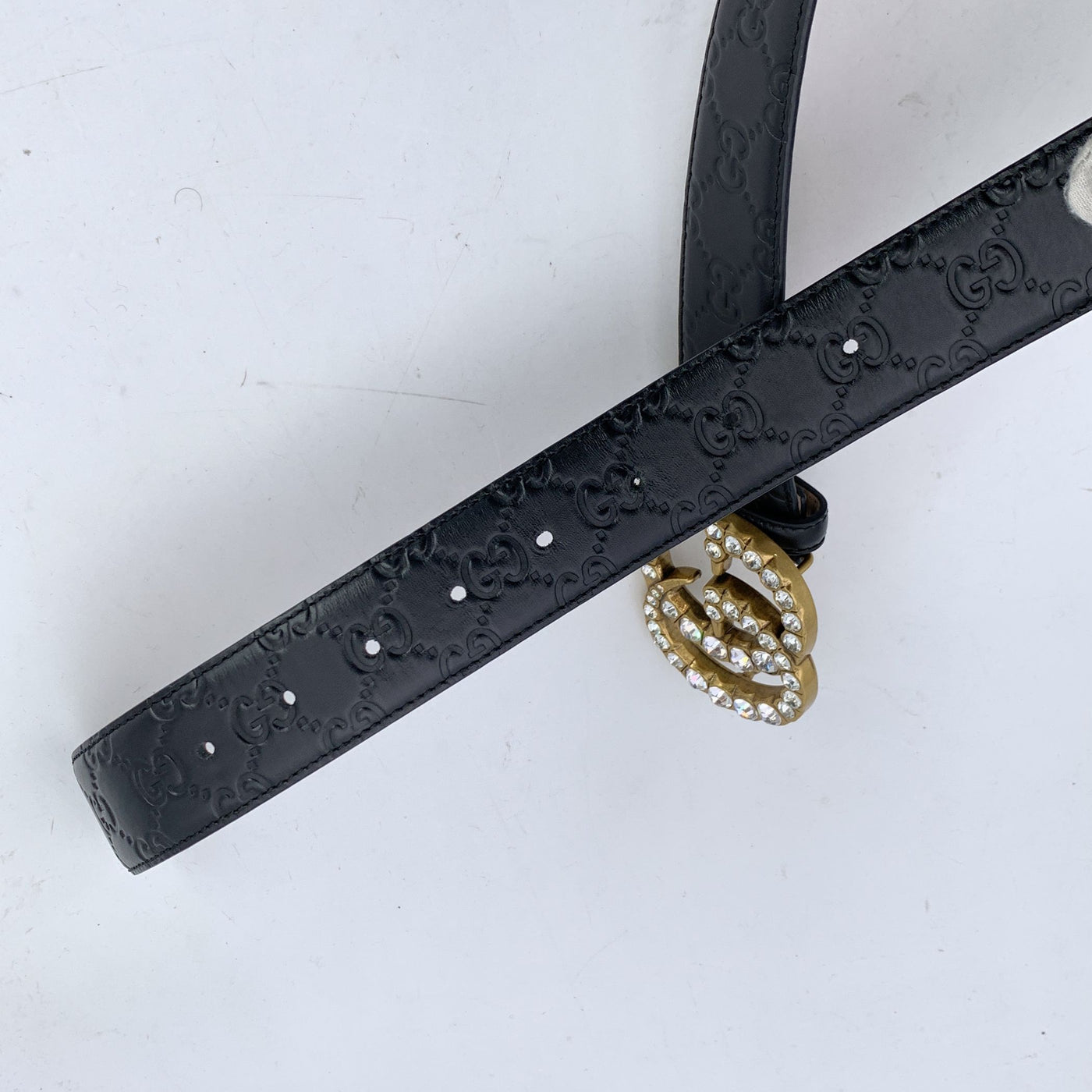 Gucci Black Guccissima Leather Marmont Belt Crystal GG Buckle 90/36