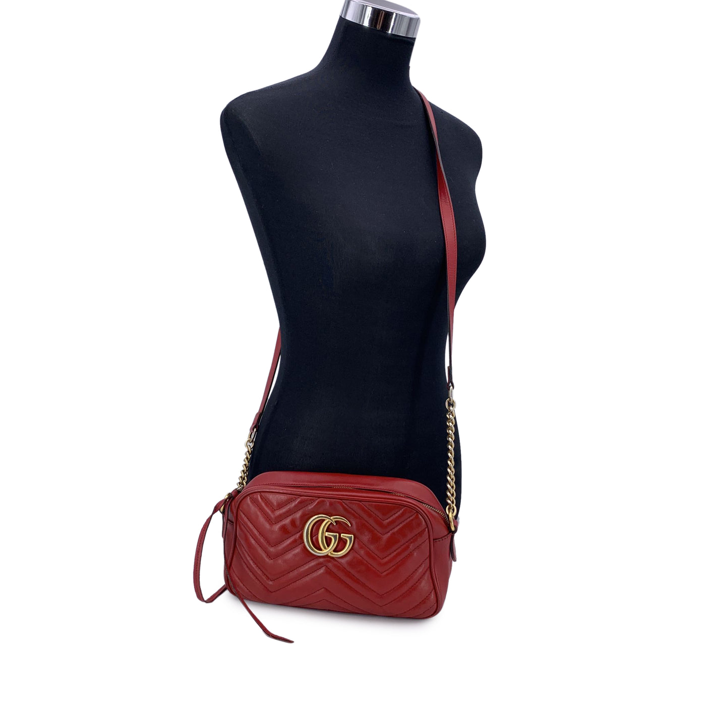 Gucci Red Leather Small GG Marmont Matelassè Camera Shoulder Bag