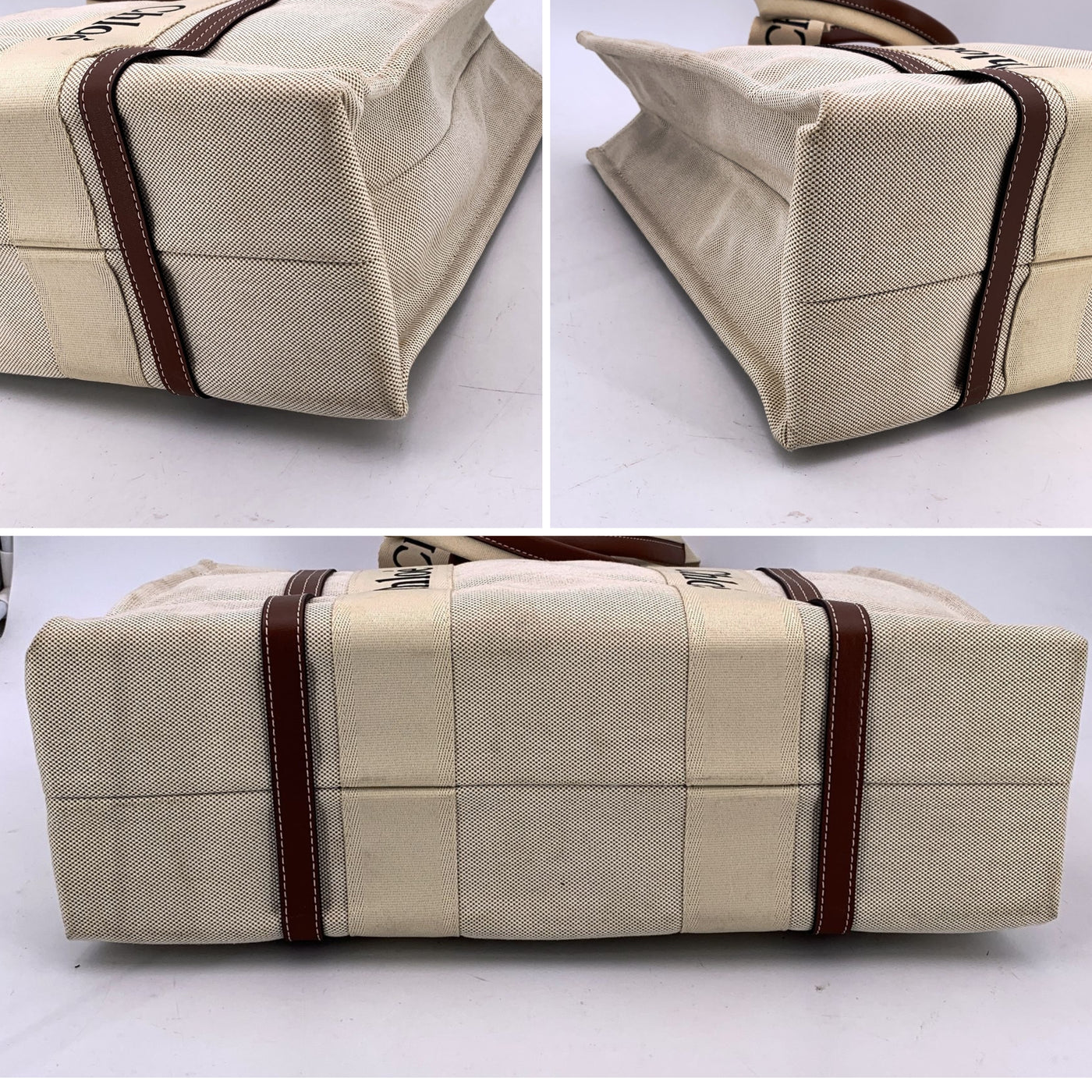 Chloe Beige Linen Canvas and Leather Large Woody Tote Bag
