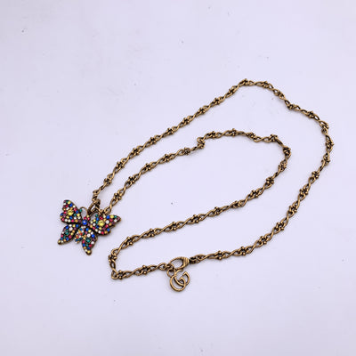 Gucci Aged Gold Metal Multicolor Crystal Butterfly Necklace