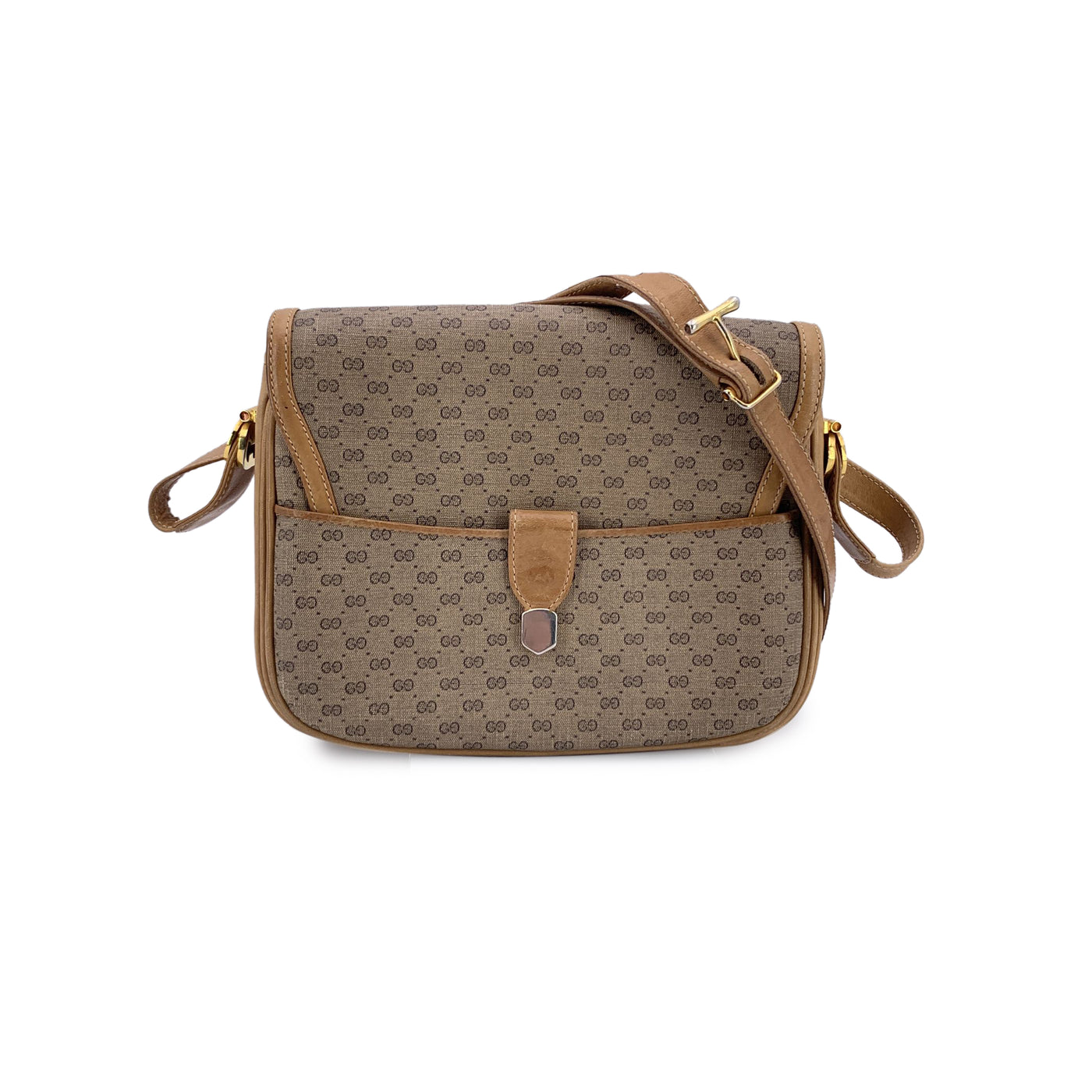 Gucci Vintage Beige Monogram Canvas and Leather Flap Shoulder Bag