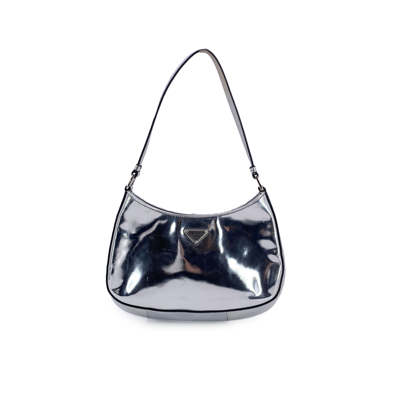 Prada Silver Tone Patent Leather Cleo Structured Shoulder Bag