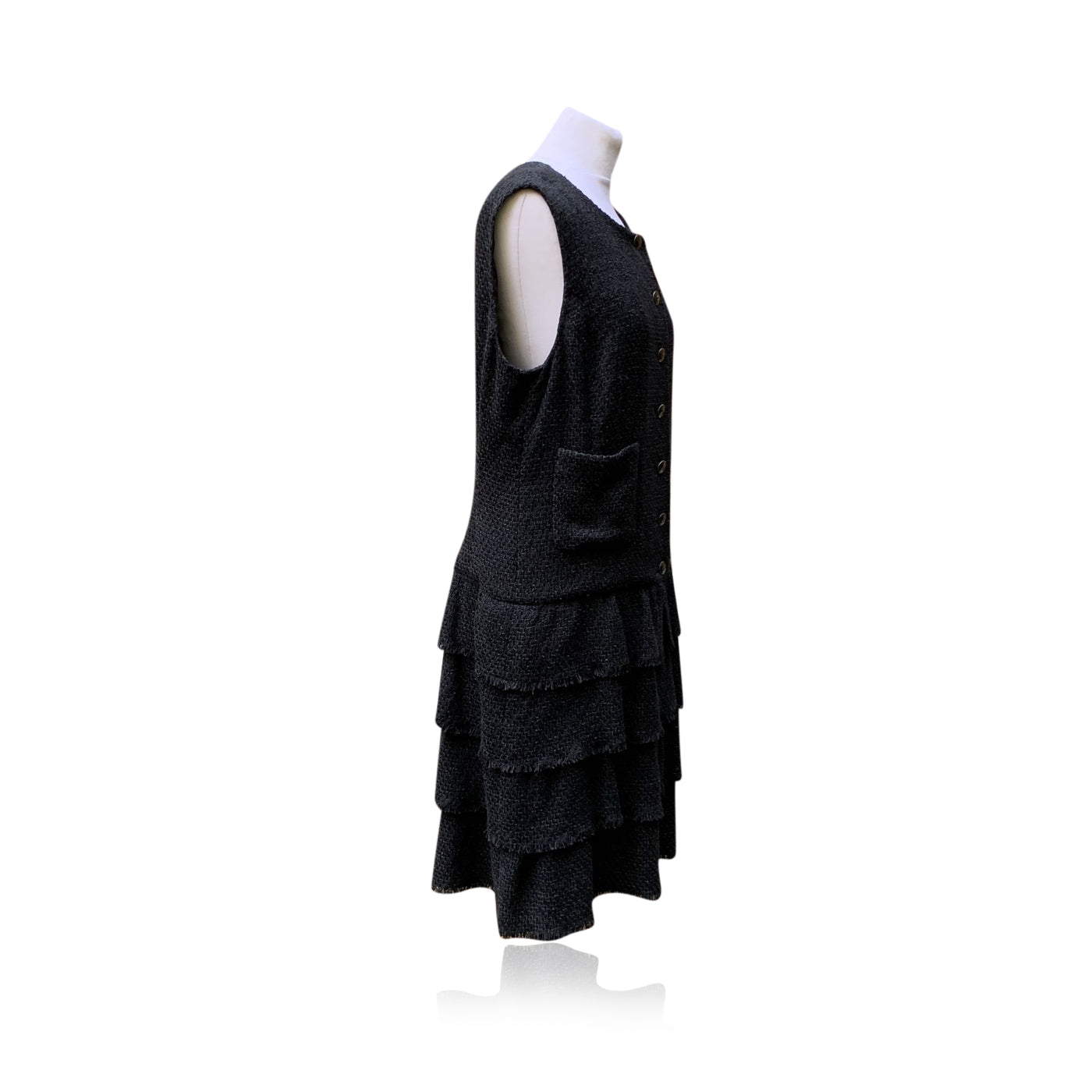 Chanel 2012 Black Cotton Tweed Tiered Sleeveless Dress Size 44 FR