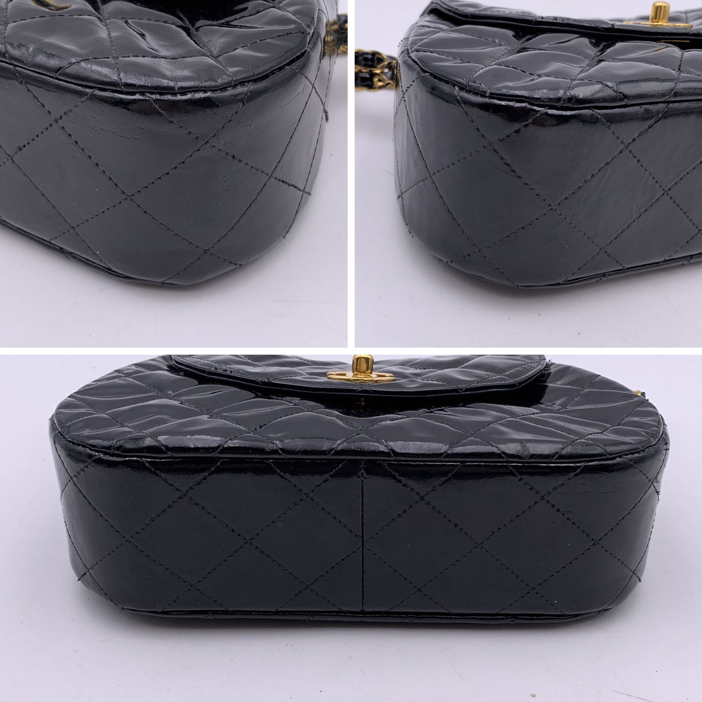 Chanel Vintage Black Quilted Patent Leather Chain Handle Bag