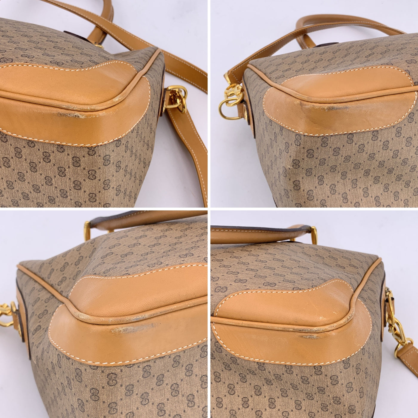 Gucci Vintage Beige Monogram Canvas Satchel Handbag with Strap