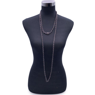 Chanel Gunmetal Blue Leather Chain Long Necklace CC Turnlock Logo