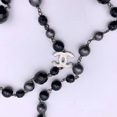 Chanel Gunmetal Long Necklace CC Logo Grey Pearls Black Beads