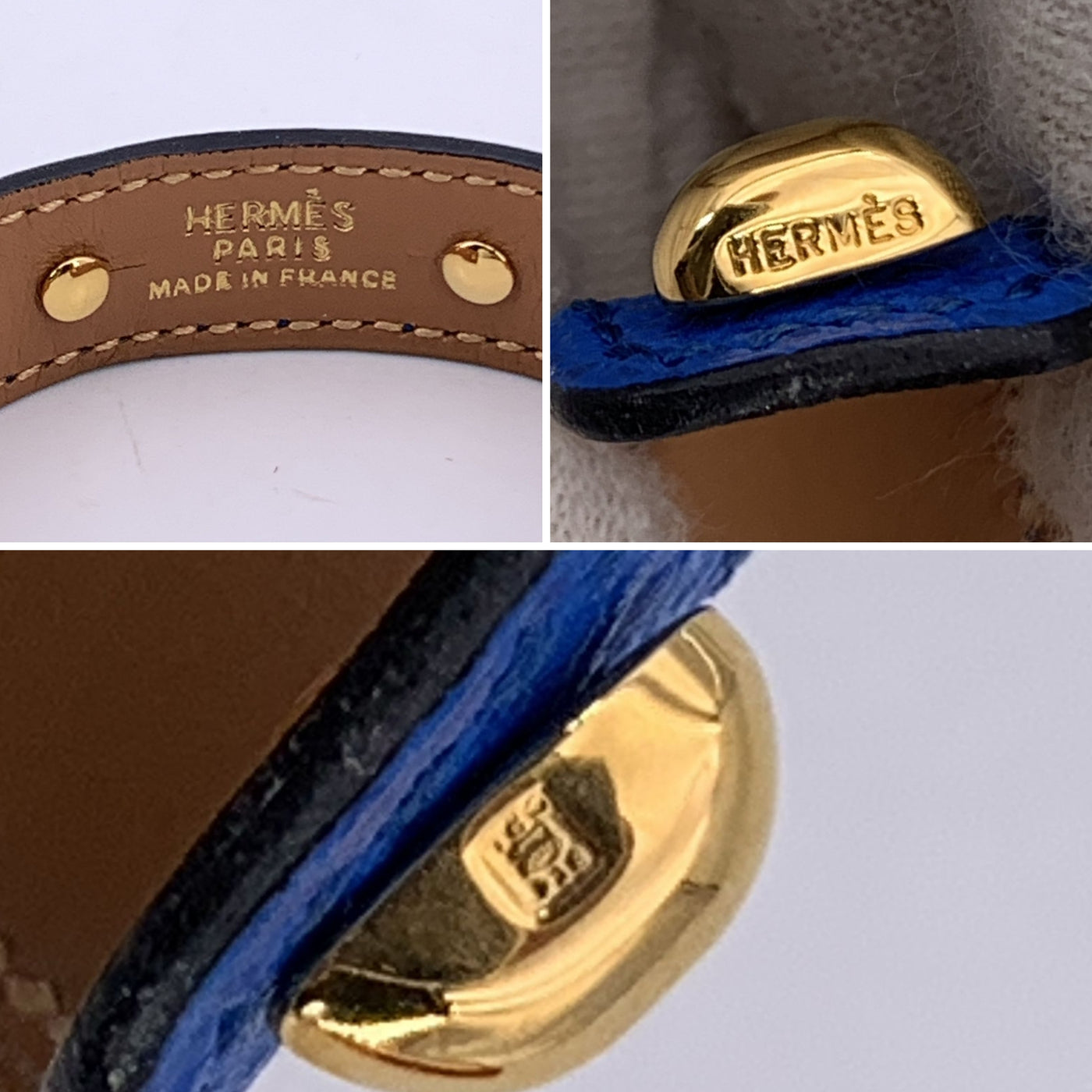 Hermes Blue Leather and Gold Metal Agatha Cuff Bracelet