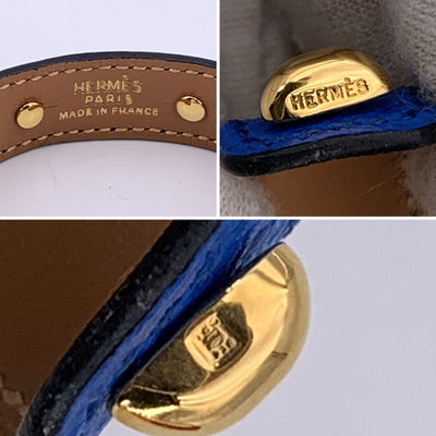 Hermes Blue Leather and Gold Metal Agatha Cuff Bracelet