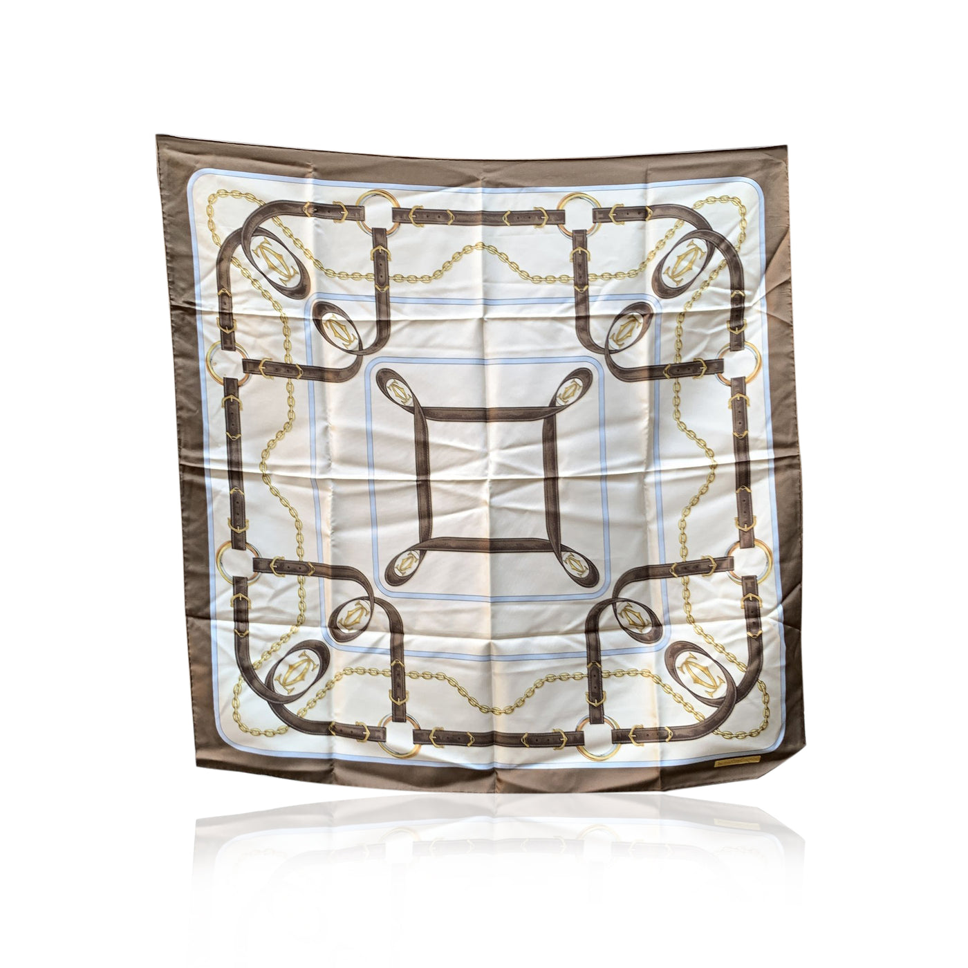 Must de Cartier White and Brown Border Equestrian Silk Scarf