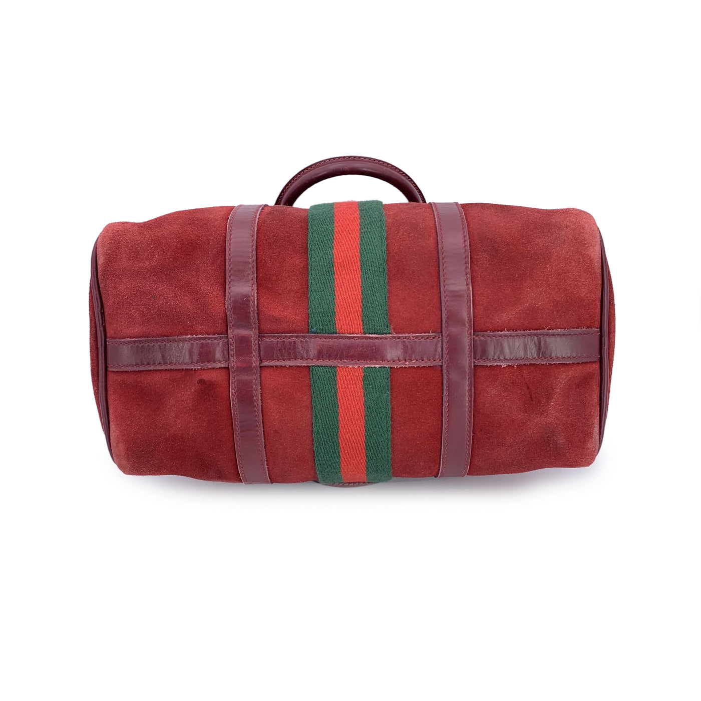 Gucci Vintage Burgundy Suede Web Stripes Boston Bag Handbag