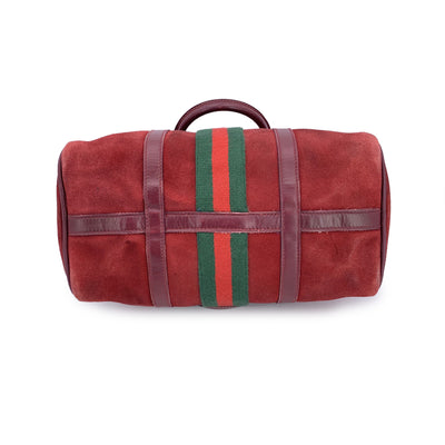 Gucci Vintage Burgundy Suede Web Stripes Boston Bag Handbag