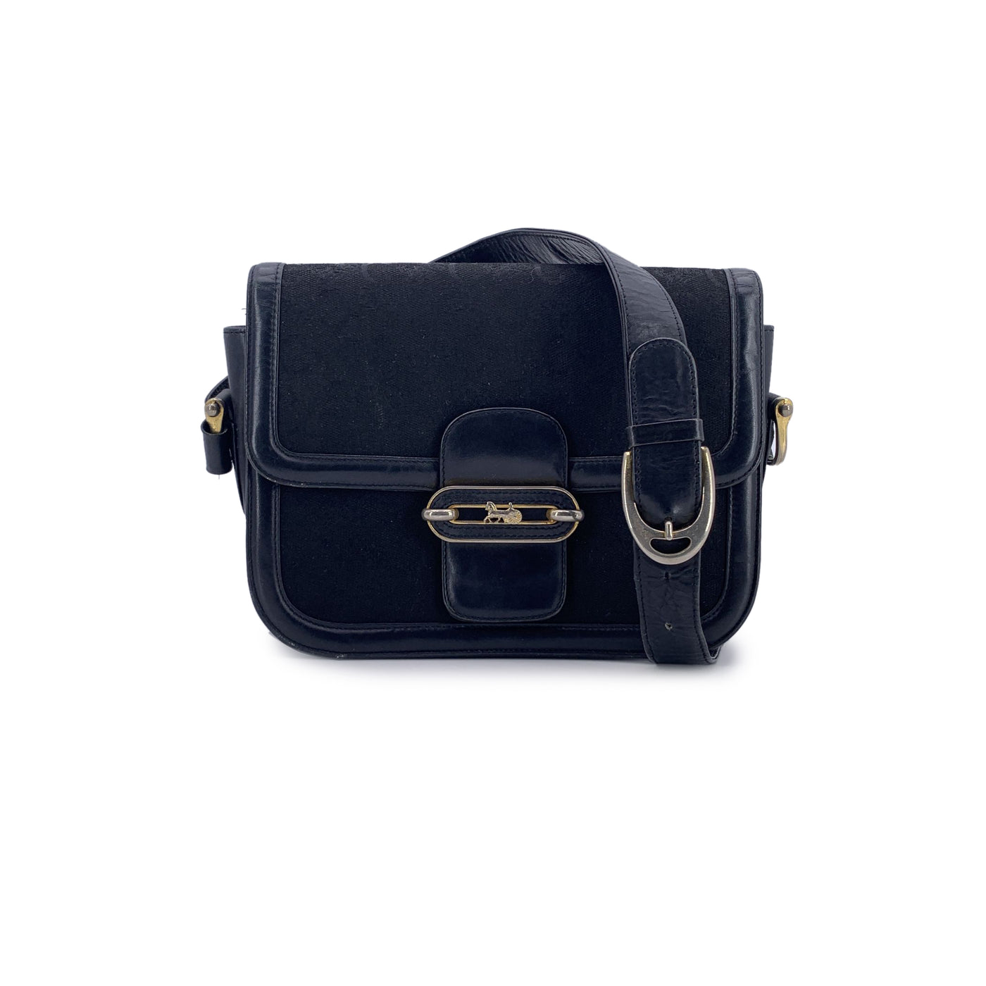Celine Vintage Black C Carriage Canvas Box Flap Shoulder Bag