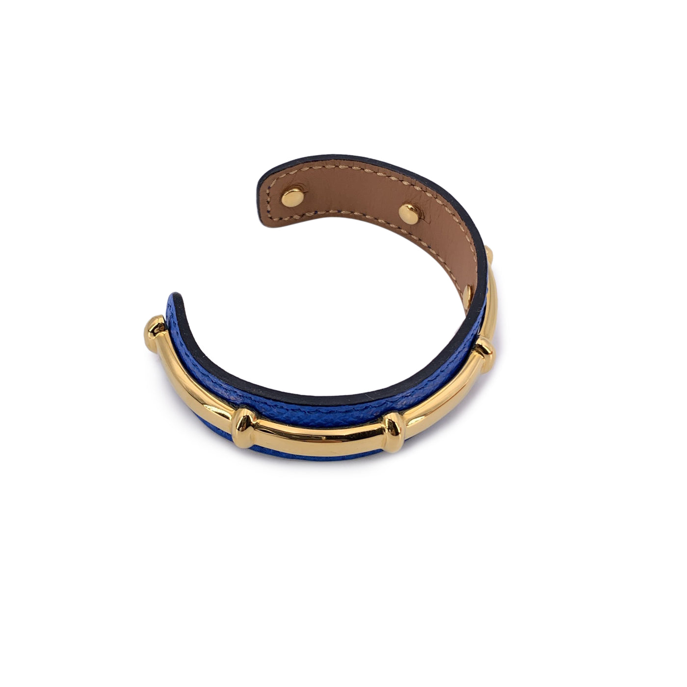 Hermes Blue Leather and Gold Metal Agatha Cuff Bracelet
