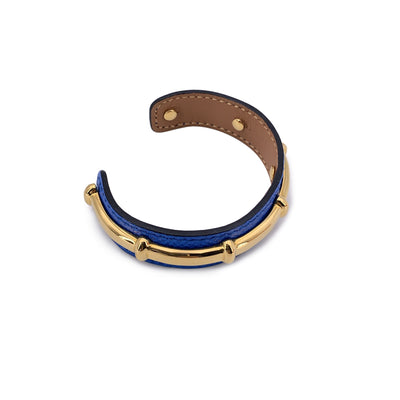 Hermes Blue Leather and Gold Metal Agatha Cuff Bracelet