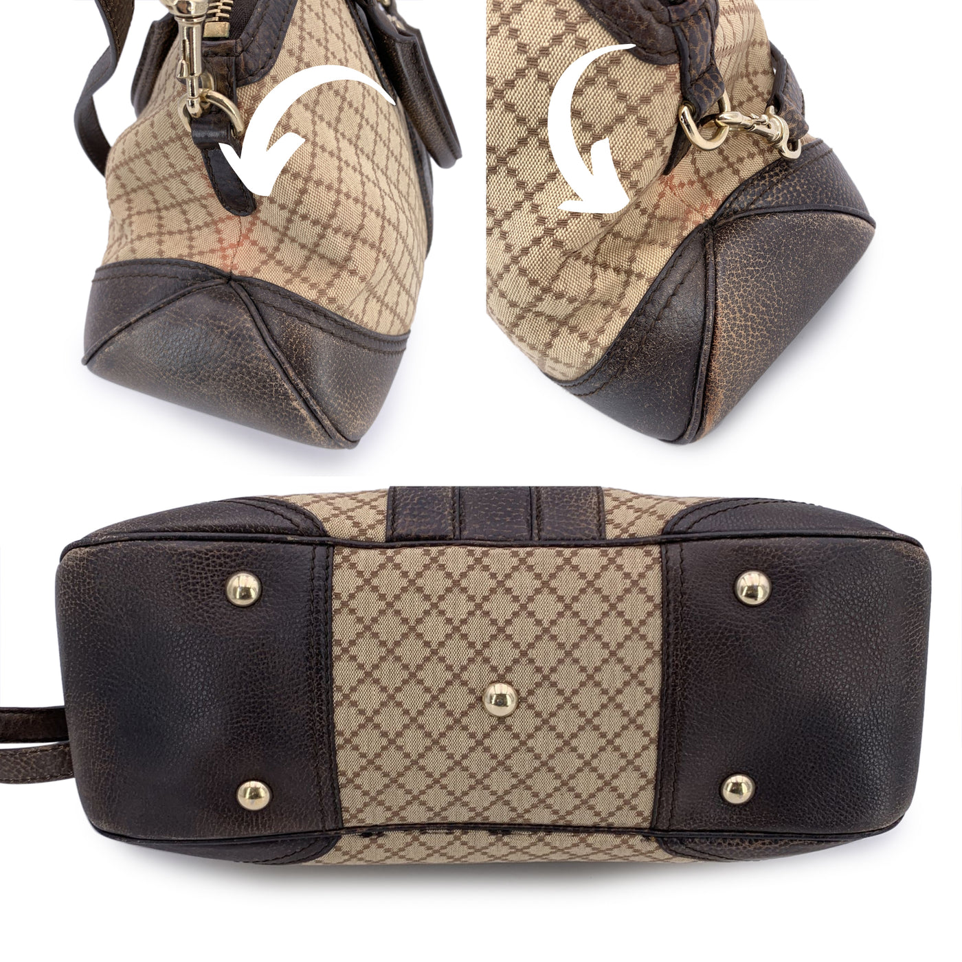 Gucci Beige Brown Diamante Canvas Horsebit Catherine Satchel Bag