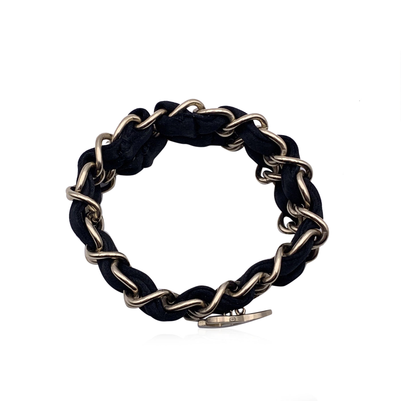 Chanel Gold Metal and Black Ribbon Double Chain CC Logo Bracelet