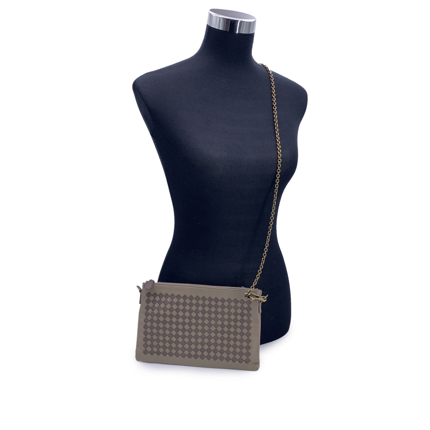 Bottega Veneta Taupe Intrecciato Leather Shoulder Bag Zip Pouch