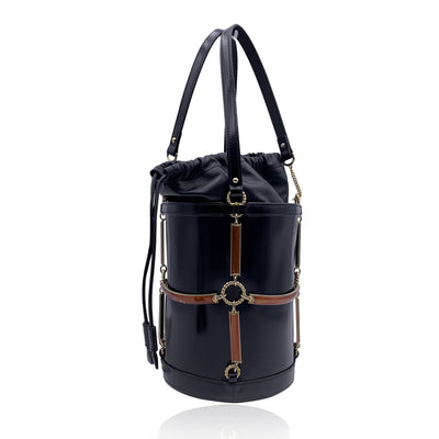 Gucci Black Leather Enamel Cage Round Bucket Bag Tote Handbag