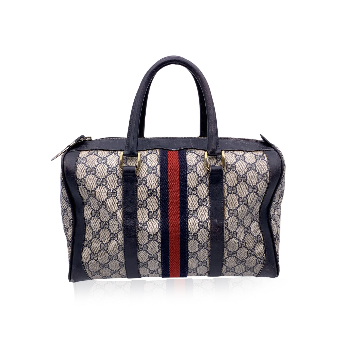 Gucci Vintage Blue Canvas and Leather Monogram Web Boston Bag